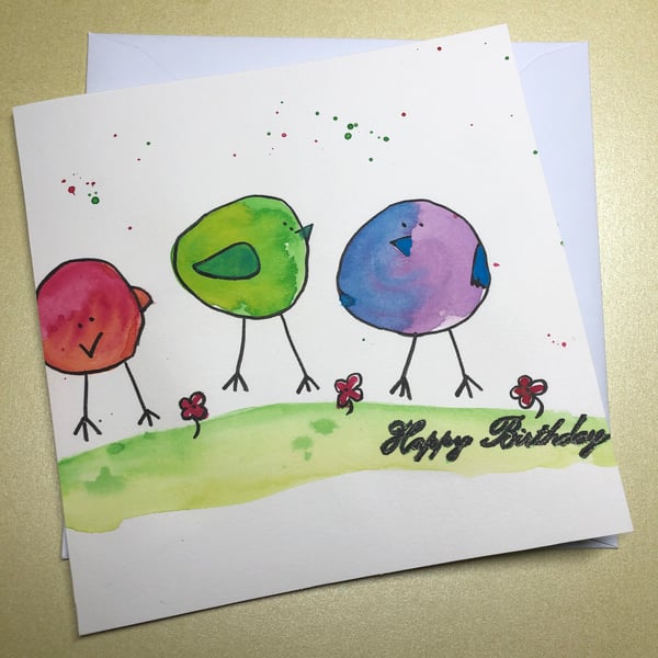Handpainted watercolour bird birthday card 