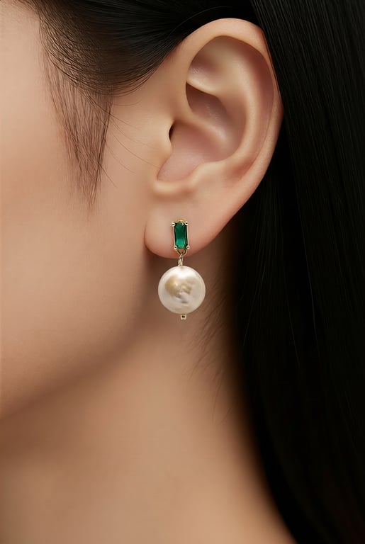Moon Freshwater Pearl with Green Zircon Gold Plated Earrings