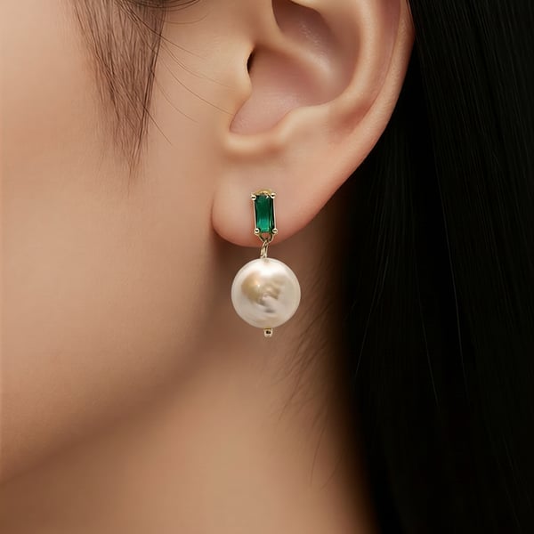 Moon Freshwater Pearl with Green Zircon Gold Plated Earrings