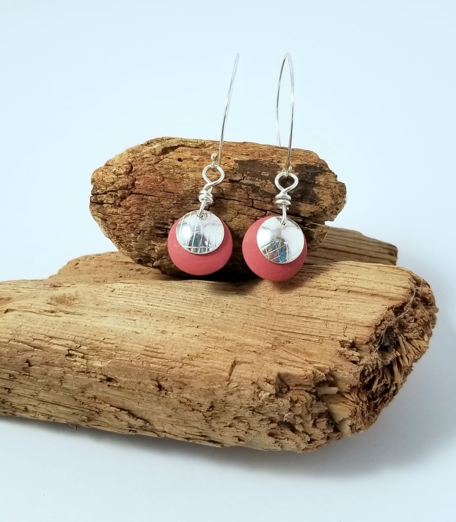 Earrings Dome Red or Orange Ceramic Dangle Drop Sterling Silver 3 Uk P