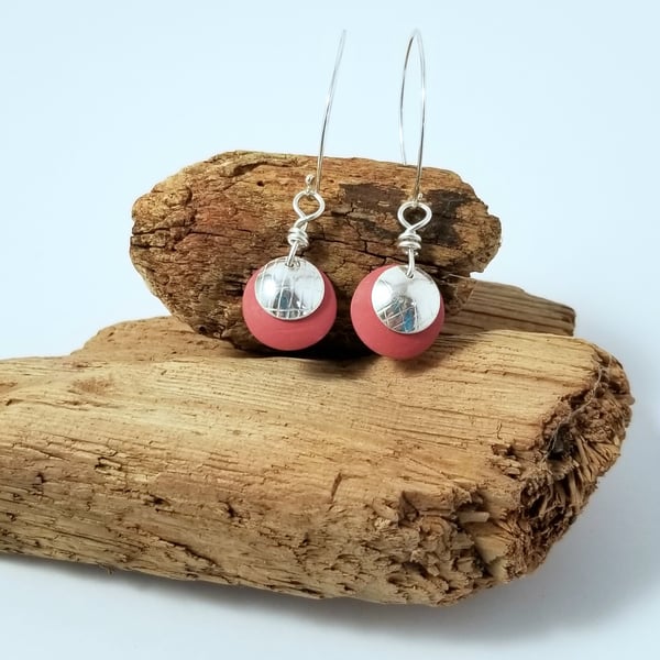 Earrings Dome Red or Orange Ceramic Dangle Drop Sterling Silver 3 Uk P