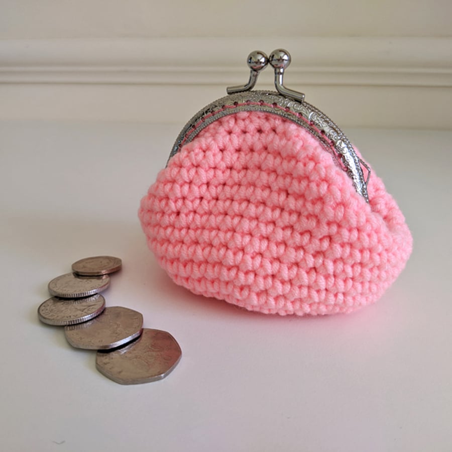 SALE - Coin Purse in Coral Pink with silver-coloured embossed frame