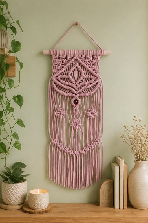 Powder Pink Macramé Wall Hanging – Handmade Boho Wall Decor with Wooden Beads