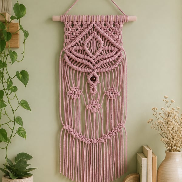 Powder Pink Macramé Wall Hanging – Handmade Boho Wall Decor with Wooden Beads