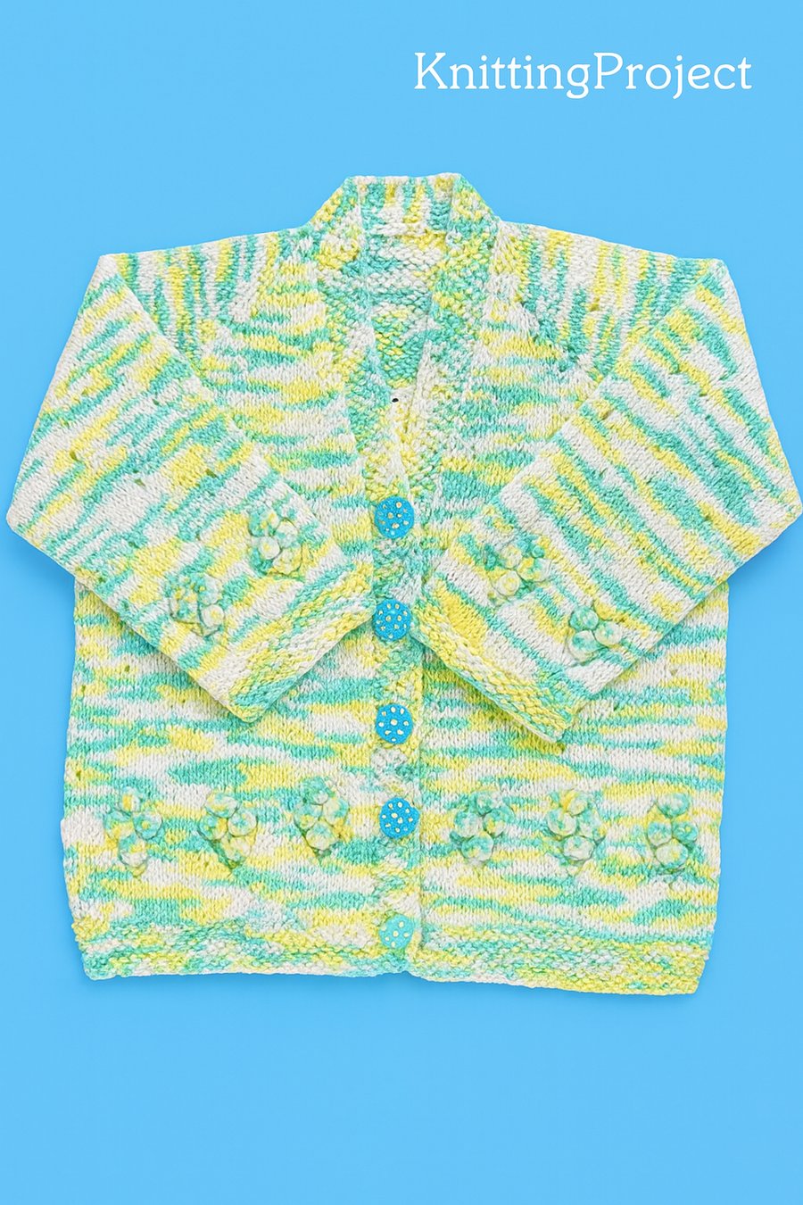 2 to 3 year old girls cardigan in self stripping green, yellow and white wool