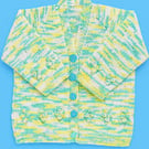 2 to 3 year old girls cardigan in self stripping green, yellow and white wool