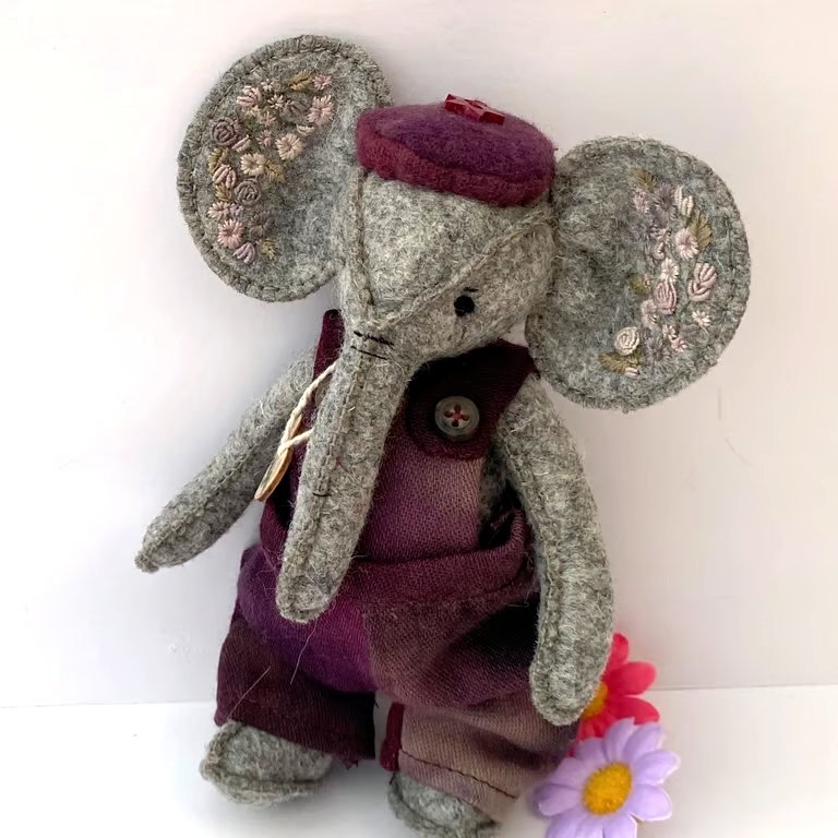 Elephant, collectable hand embroidered dressed artist bear, hand sewn elephant