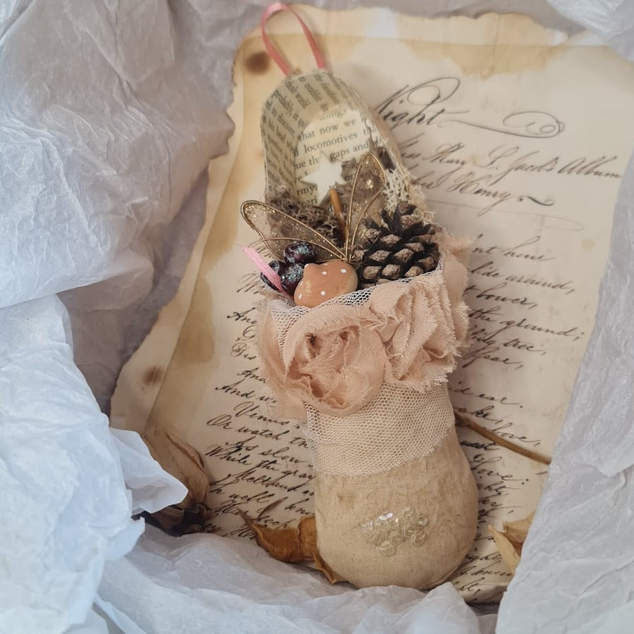 The lost slipper.  Handmade hanging ballet slipper heirloom soft sculpture.