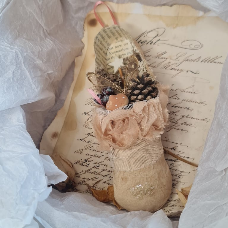 The lost slipper.  Handmade hanging ballet slipper heirloom soft sculpture.