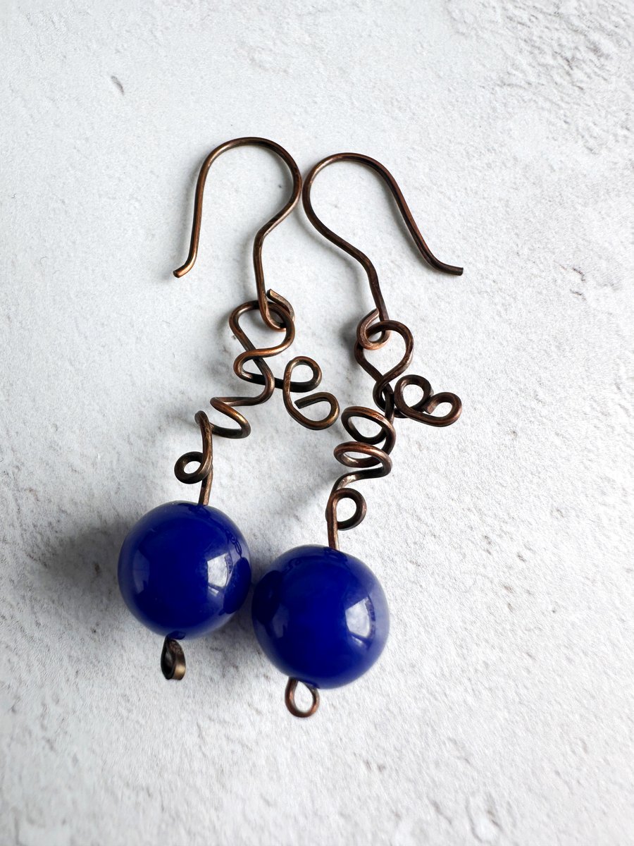 Blue Jade and Copper Spiral Earrings