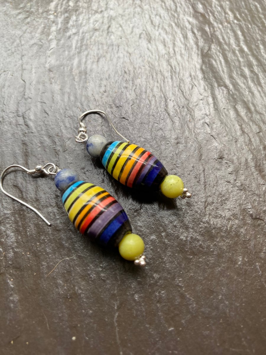 Striped Peruvian ceramic beaded earrings 