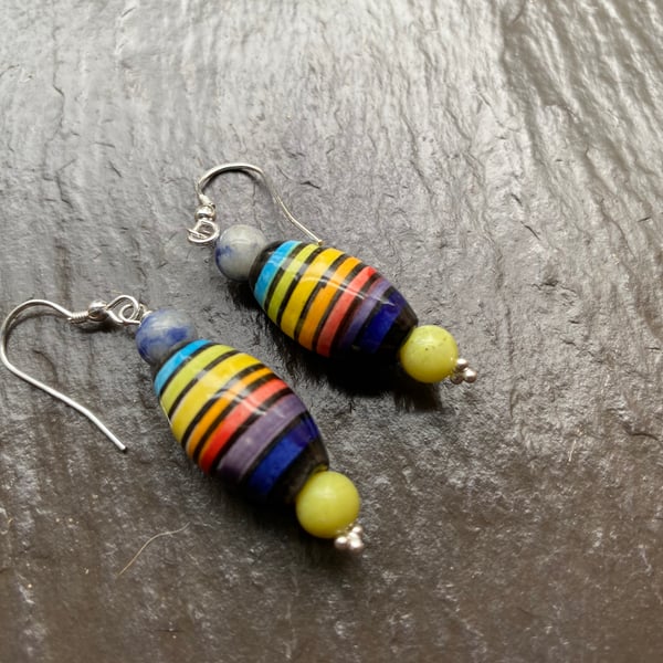 Striped Peruvian ceramic beaded earrings 