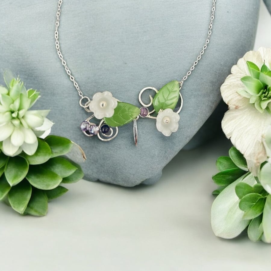 Sterling Silver Flower Necklace- Two Amethyst Cabochons - February Birth Stone