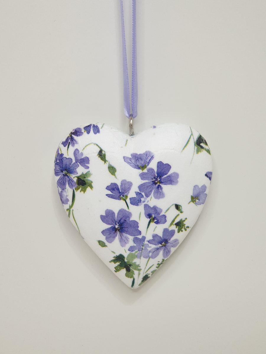 Floral wooden heart hanging decoration, purple flowers, pretty gift for mum