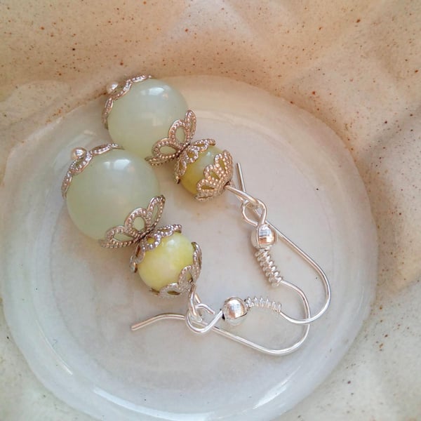 Earrings Made Using Green Jade Beads with Silver Plated Bead Caps, Gift for Her