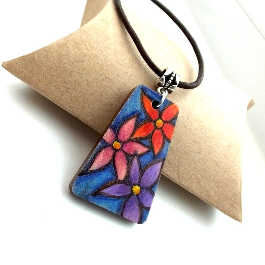 Flowers on Blue Wooden Pyrography Pendant Necklace with Prismacolour