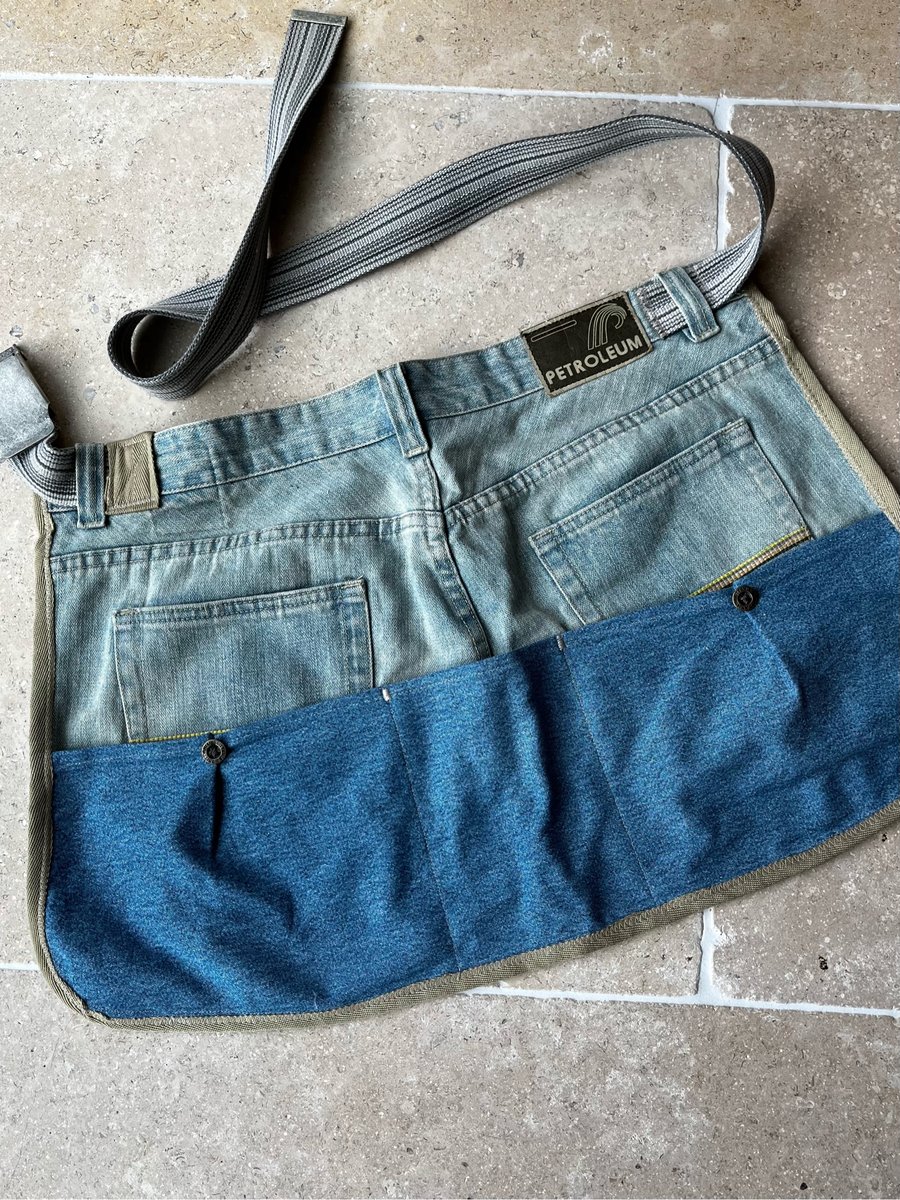 Garden apron reclaimed denim with pockets and clip belt