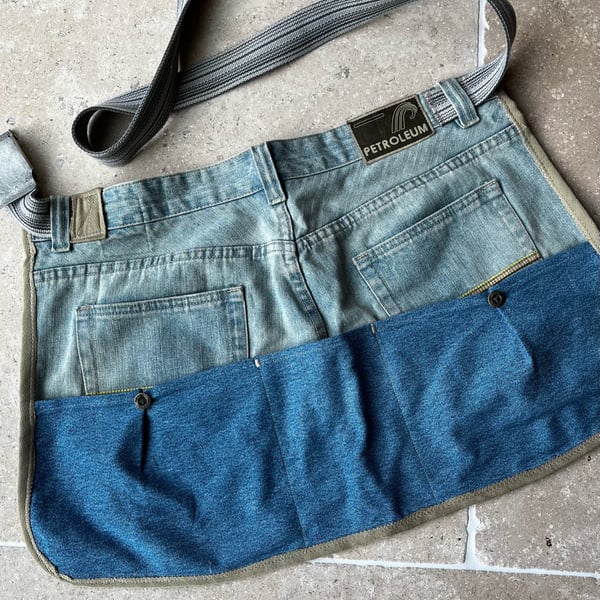 Garden apron reclaimed denim with pockets and clip belt