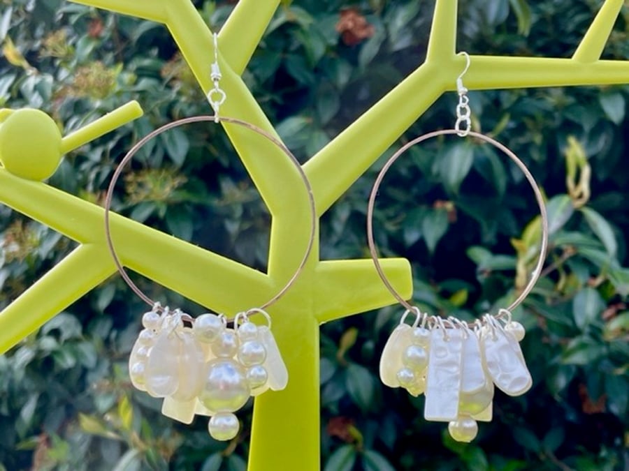 PEARL HOOP EARRINGS glass pearls resin mother of pearl copper hoops gift for her