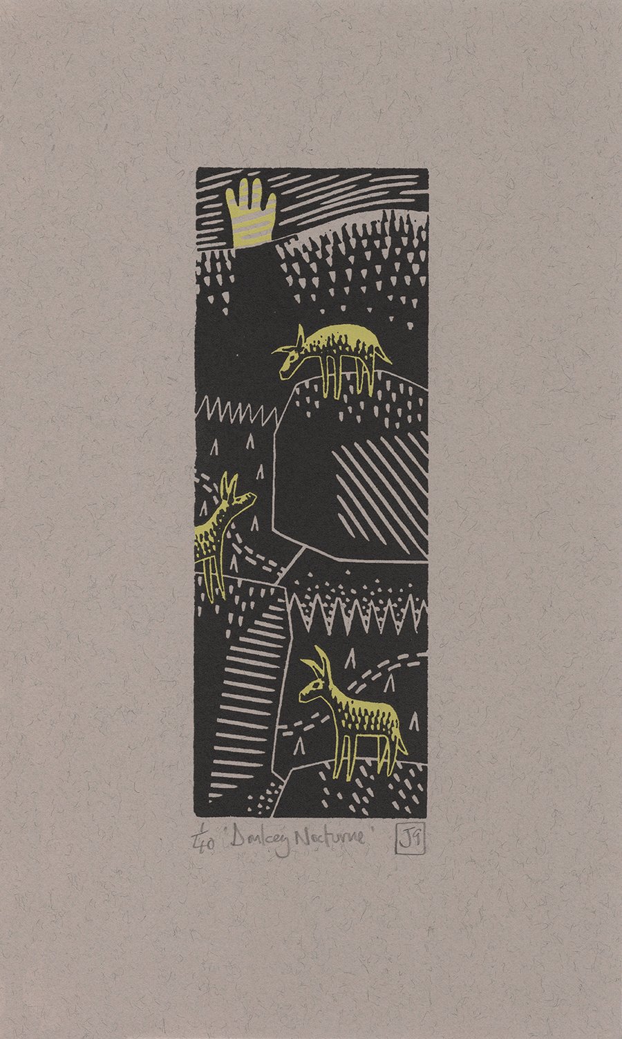 Donkey Nocturne two-colour linocut screen-print (yellow) 25x15cm