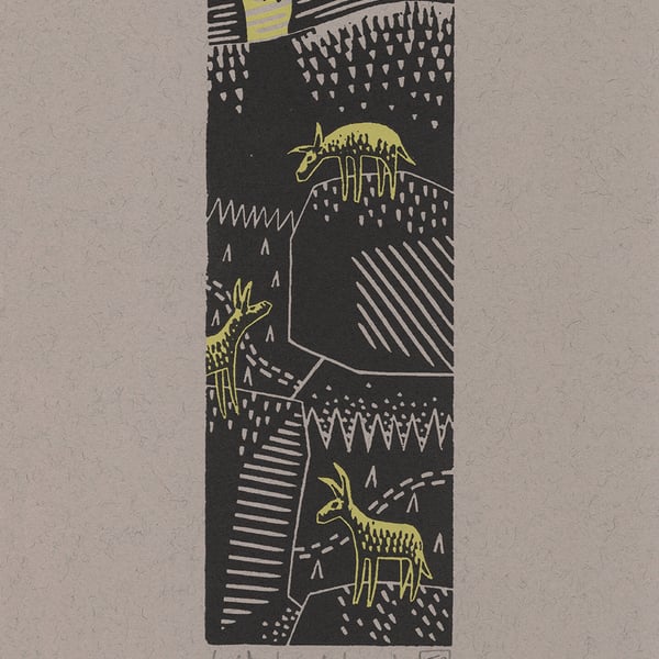 Donkey Nocturne two-colour linocut screen-print (yellow) 25x15cm