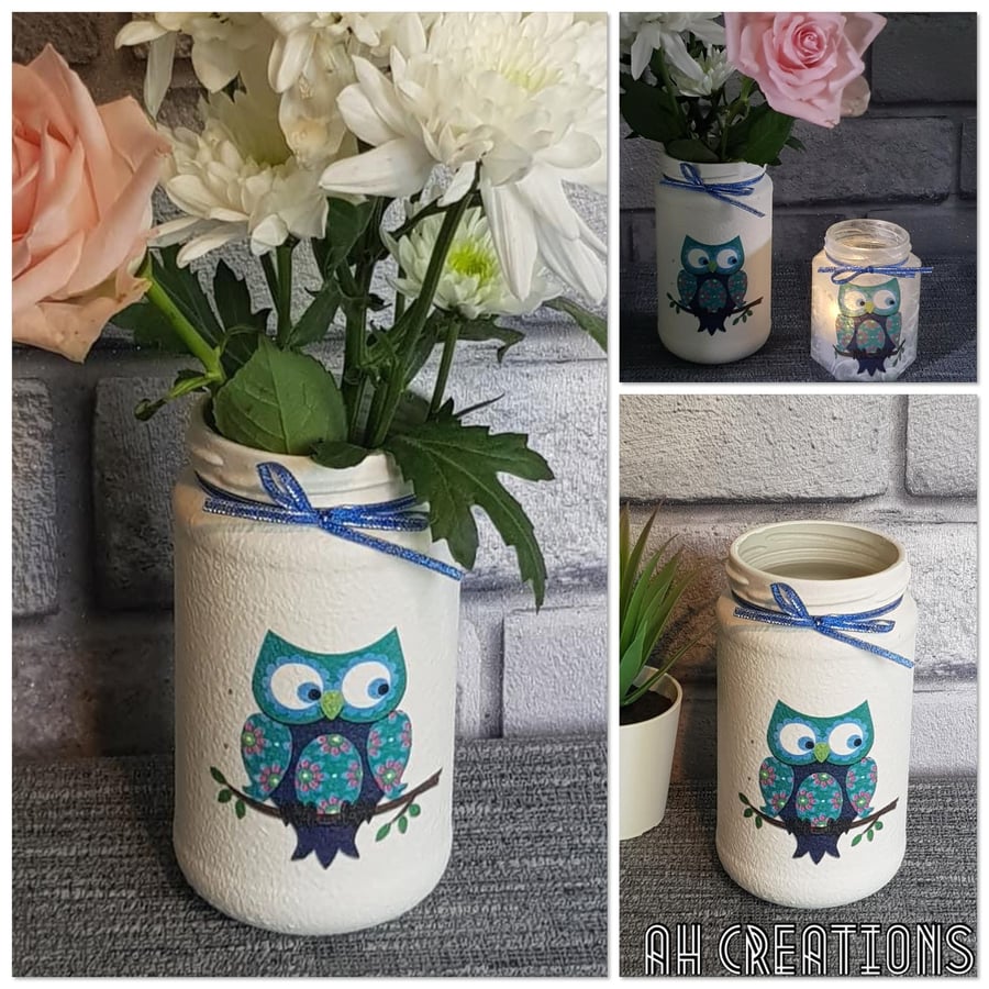 Decoupaged Owl vase or utensil jar