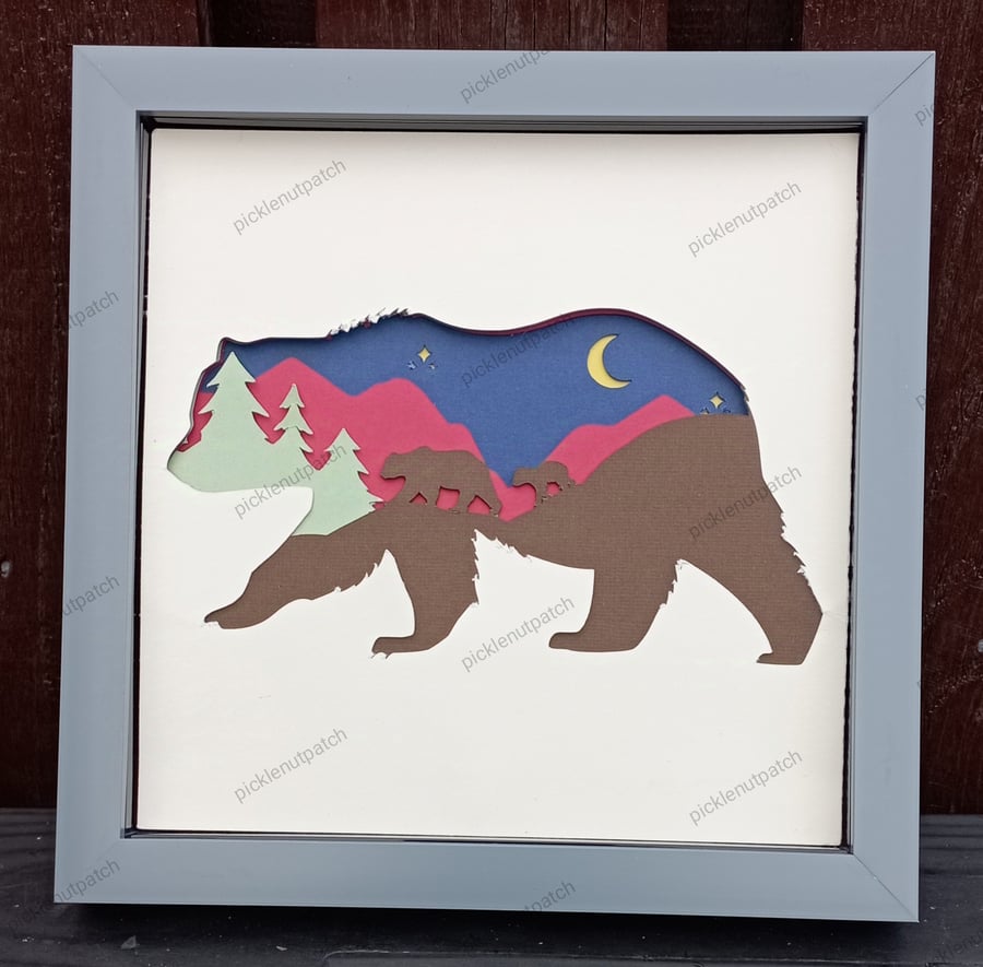 Bear 3d layered shadow box frame, boys bedroom wall decor, forest theme,