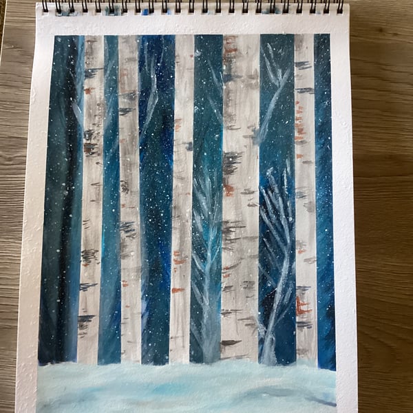 Winter woodland watercolour mixed media