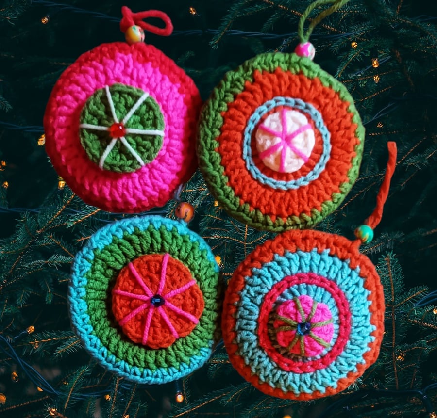 Colourful crochet boho Christmas tree decorations 