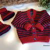 Hand Knitted Stripey Baby Cardigan & Booties Set 0-3 months 