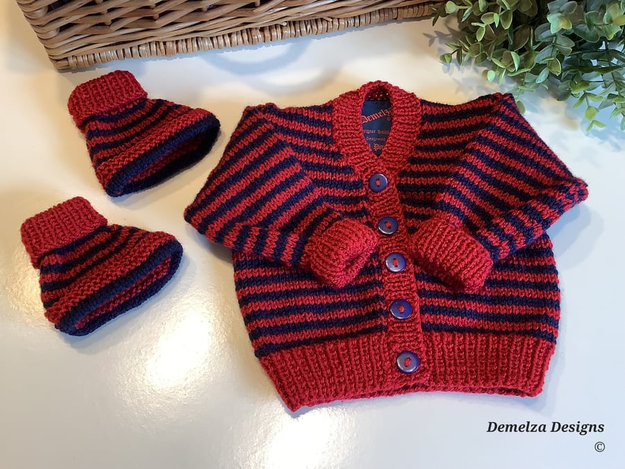 Hand Knitted Stripey Baby Cardigan & Booties Set 0-3 months 