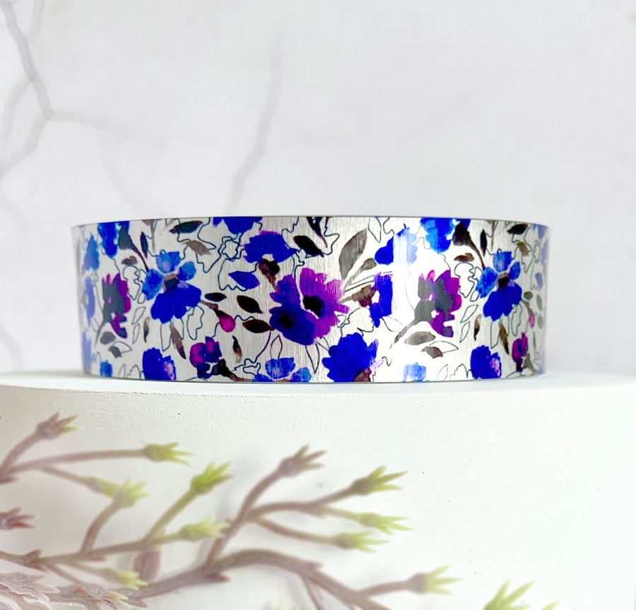 Cuff bracelet with purple wildflowers, metal jewellery bangle, floral gifts. 340