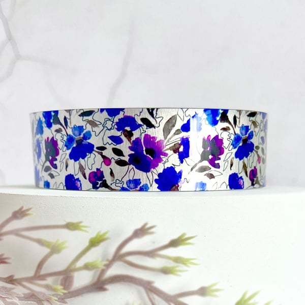 Cuff bracelet with purple wildflowers, metal jewellery bangle, floral gifts. 340