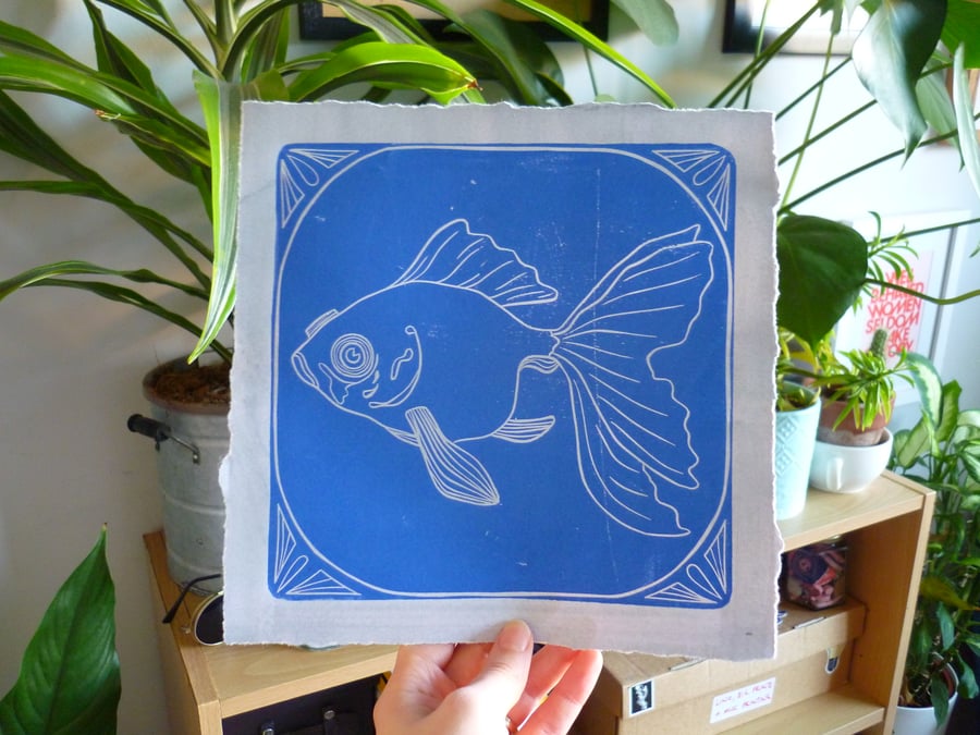 Blue Goldfish Lino Print - Original Lino Print 18 x 18cm