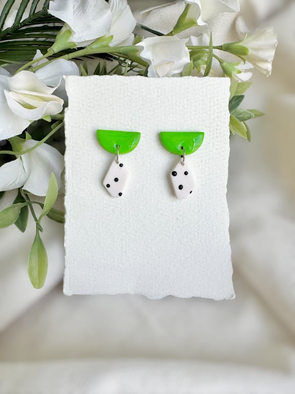 Polymer Clay Polka Dot Earrings - Green Half Circle Geometric Dangles