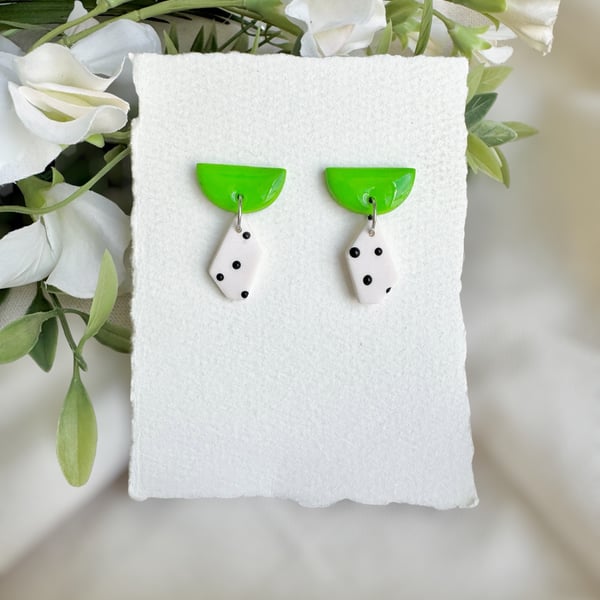 Polymer Clay Polka Dot Earrings - Green Half Circle Geometric Dangles