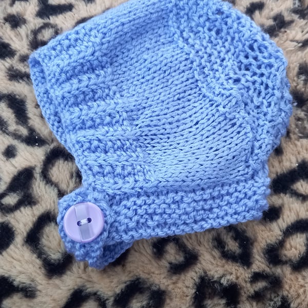 Lilac hand knitted childs hat helmet hood and booties set