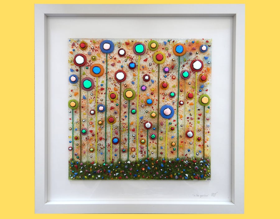 HANDMADE FUSED GLASS 'IN THE GARDEN' PICTURE.
