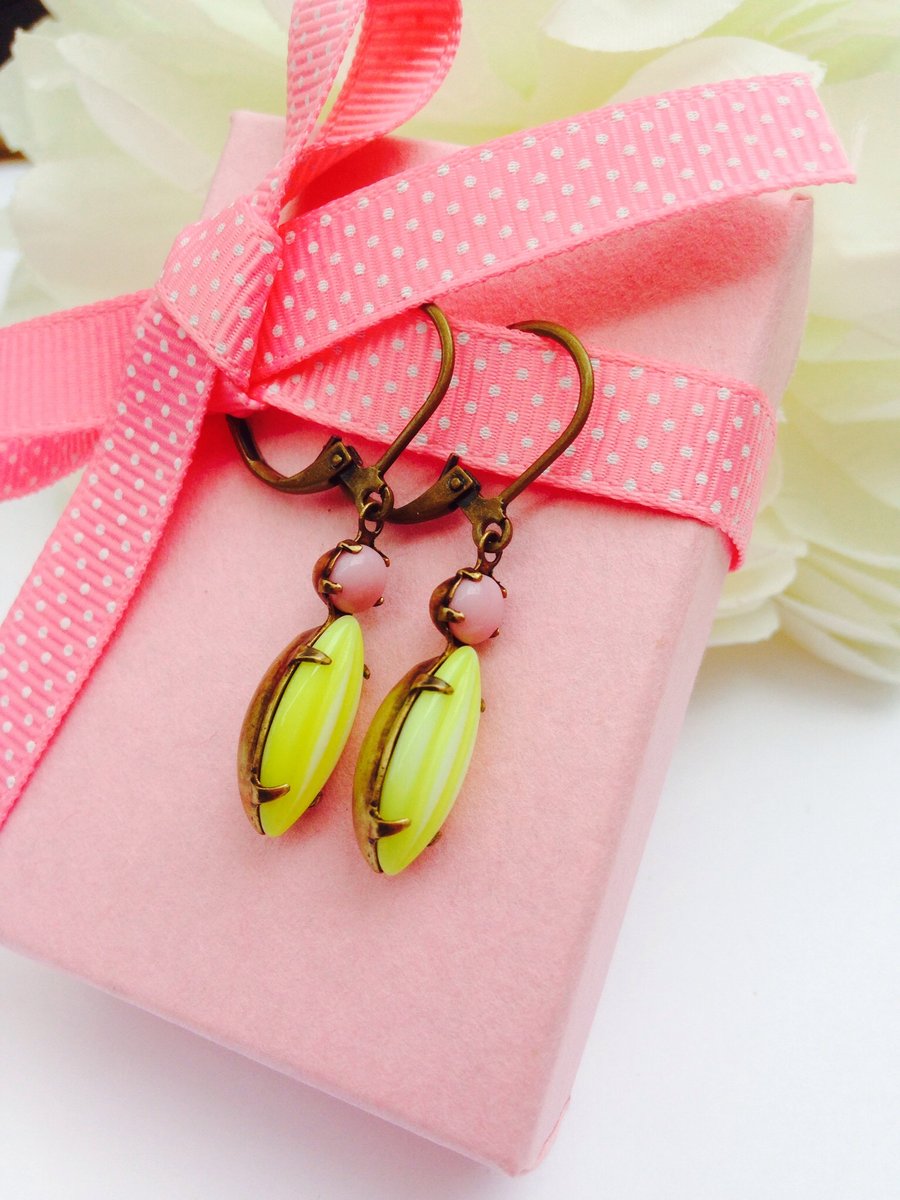 Vintage glass earrings, yellow and pink
