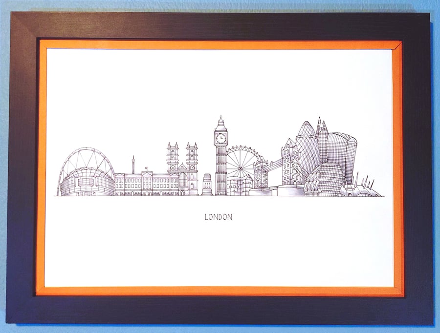 London Cityscape Handmade Unique Framed A3 Print Orange Border Wallart Gift