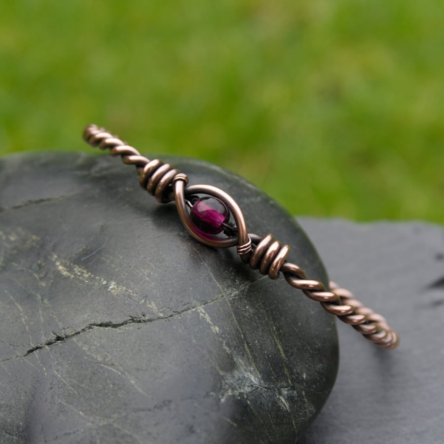 Seconds Sunday - Twisted Copper Cuff with Berry Red Glass Bead
