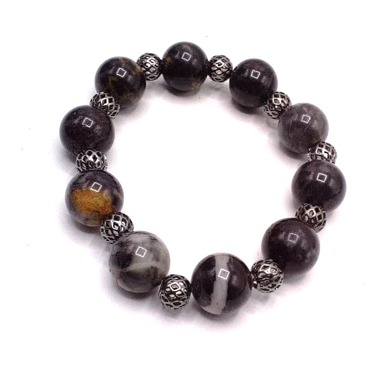 Men's Black Grey Marbled Stone and Gunmetal Spacer Bracelet, Men's Bracelet