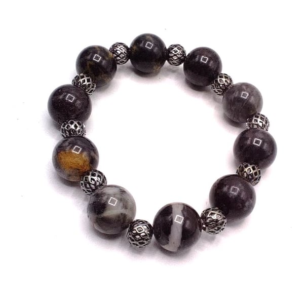Men's Black Grey Marbled Stone and Gunmetal Spacer Bracelet, Men's Bracelet