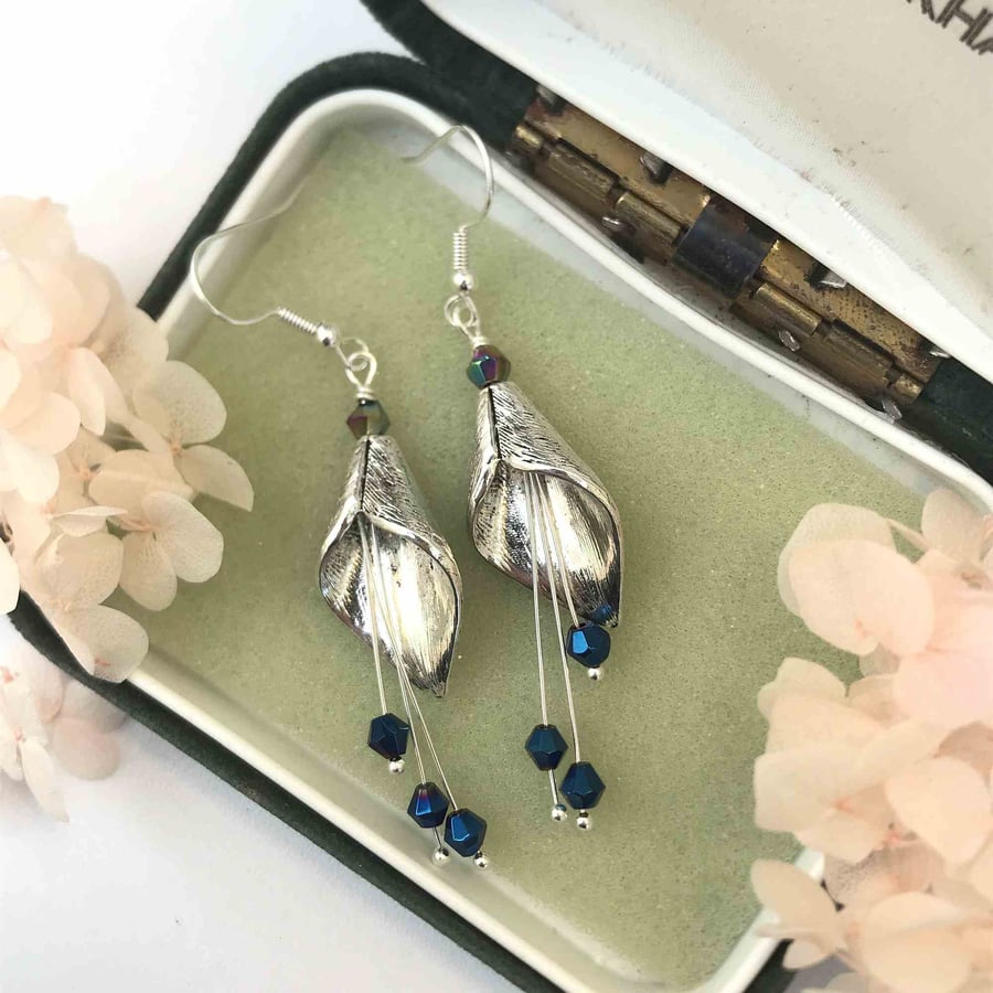 Silver Calla Lily Vintage Style Drop Earrings