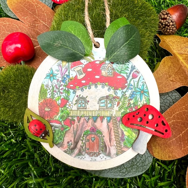 Fairy house wooden decorations with mushroom - Artists illustration