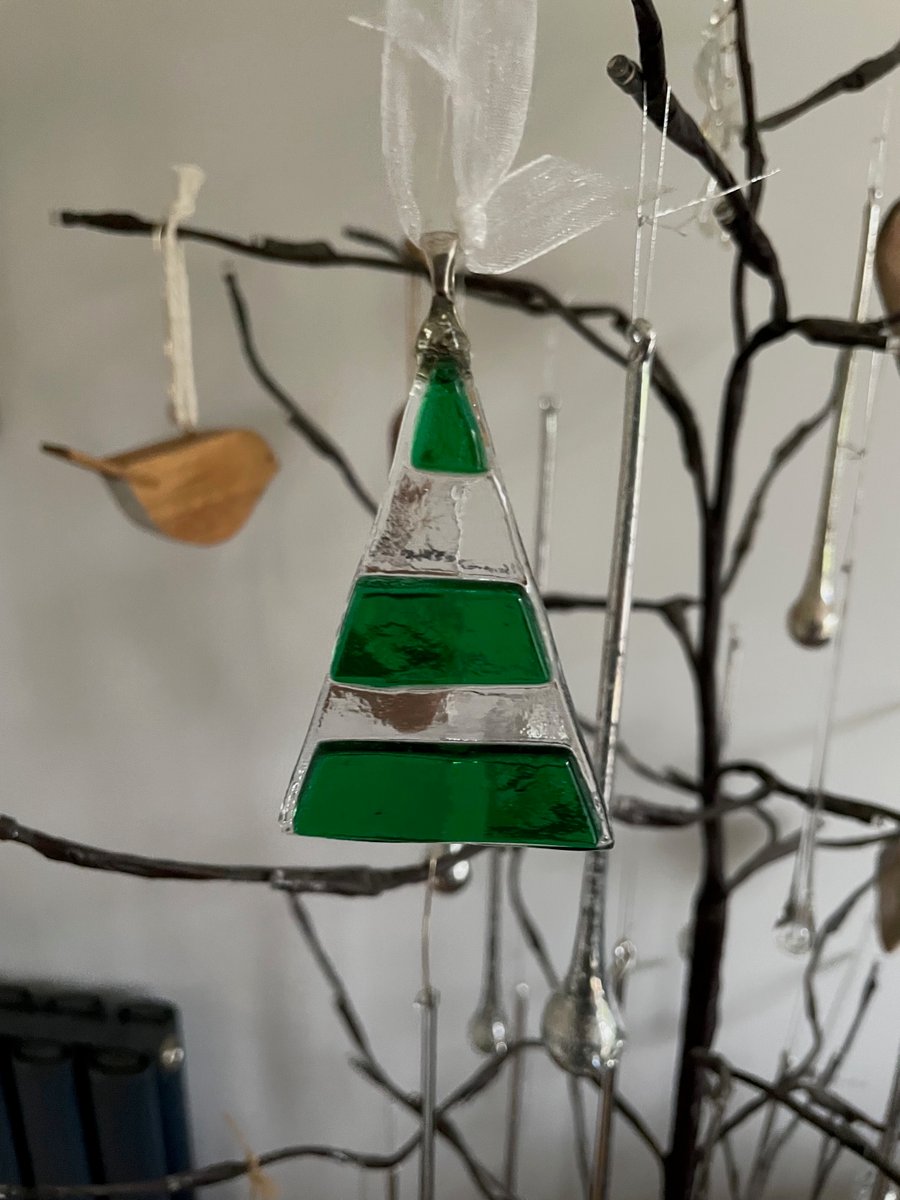 Handmade  Fused Glass Green Stripe Tree Christmas Tree Decoration