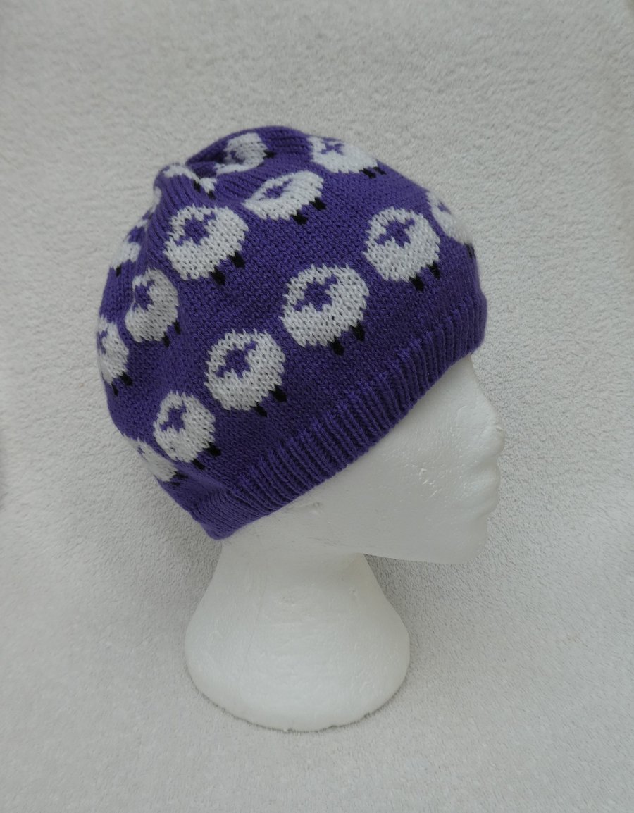Sheep Hat Knitted in 4 ply Yarn.  Beanie Hat. Winter Hat Purple Sheep Hat