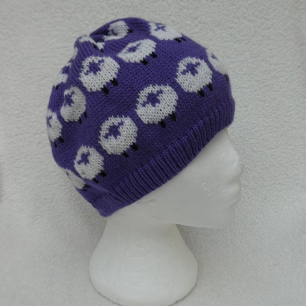 Sheep Hat Knitted in 4 ply Yarn.  Beanie Hat. Winter Hat Purple Sheep Hat