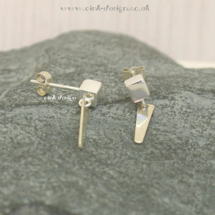  Sterling silver cube stud earrings with a hanging flat spike