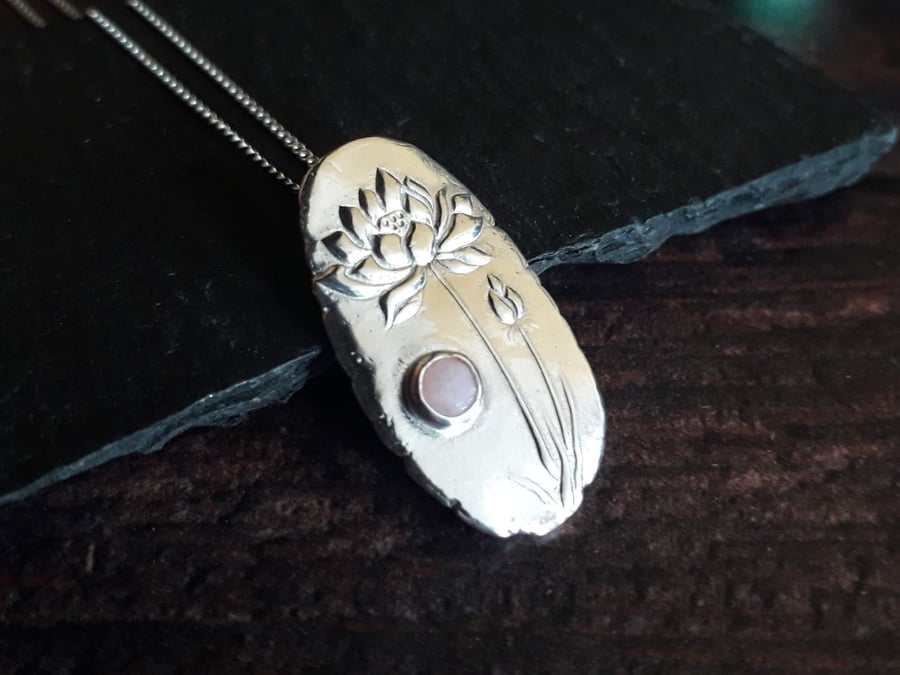 Lotus Flower Silver Necklace with Pink Peruvian Opal
